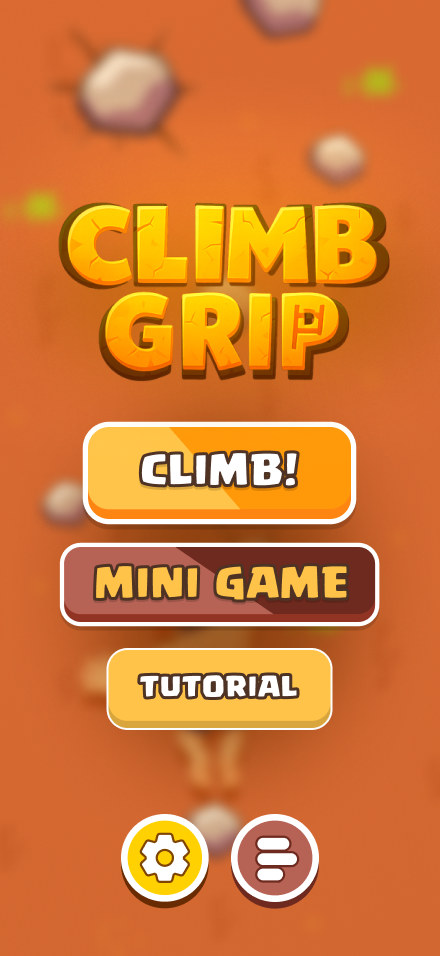 Climb Grip game design with warm orange theme and engaging UI