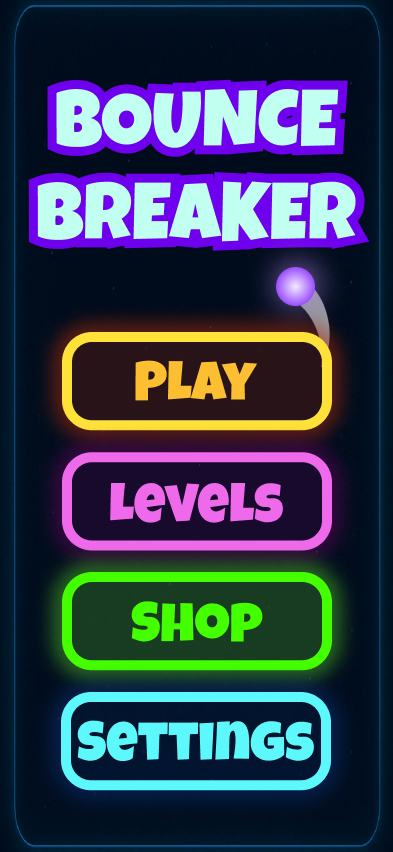 Bounce Breaker game design featuring vibrant purple and blue UI elements