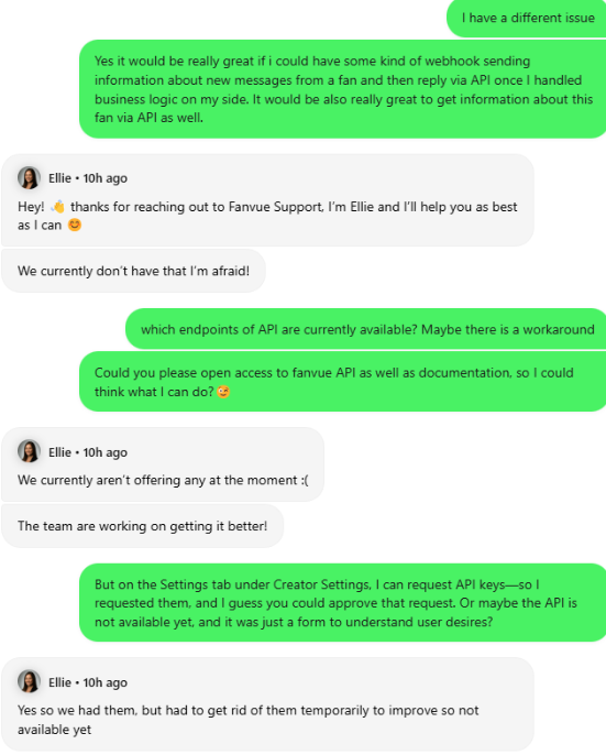 Screenshot of conversation with Fanvue support confirming the lack of available API
